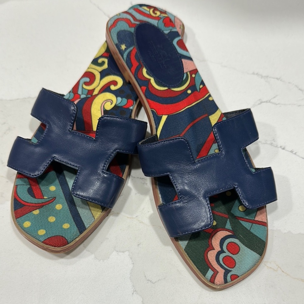 Hermes Oran Blue Slide Sandals with H-Style Strap Design Size 40